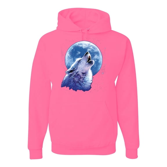 Wolf Howling at the Moon | Mens Animal Lover Hooded Sweatshirt Graphic Hoodie, Neon Pink, Large