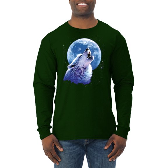 Wolf Howling at the Moon | Mens Animal Lover Long Sleeve T-Shirt, Forest Green, Large