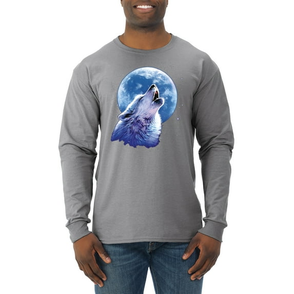 Wolf Howling at the Moon | Mens Animal Lover Long Sleeve T-Shirt, Heather Grey, X-Large