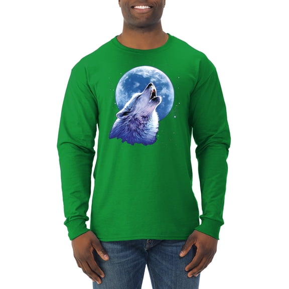Wolf Howling at the Moon | Mens Animal Lover Long Sleeve T-Shirt, Kelly, 3XL