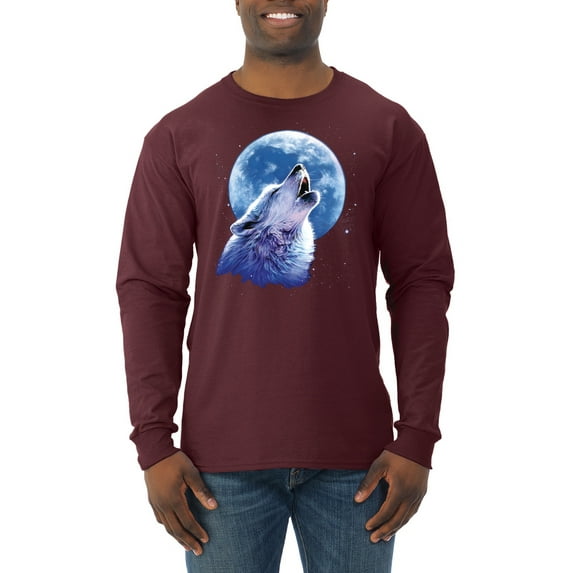 Wolf Howling at the Moon | Mens Animal Lover Long Sleeve T-Shirt, Maroon, Medium