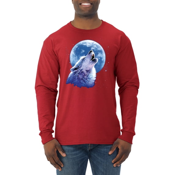 Wolf Howling at the Moon | Mens Animal Lover Long Sleeve T-Shirt, Red, Medium
