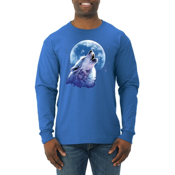 Wolf Howling at the Moon | Mens Animal Lover Long Sleeve T-Shirt, Royal, Large
