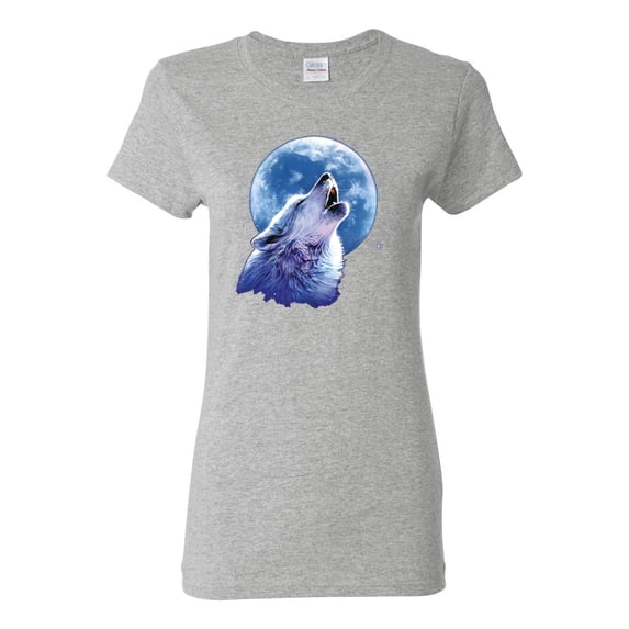 Wolf Howling at the Moon | Womens Animal Lover Graphic T-Shirt, Heather Grey, Large
