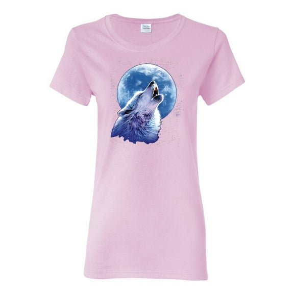 Wolf Howling at the Moon | Womens Animal Lover Graphic T-Shirt, Light Pink, Large
