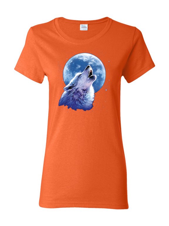 Wolf Howling at the Moon | Womens Animal Lover Graphic T-Shirt, Orange, Large