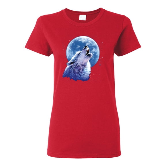 Wolf Howling at the Moon | Womens Animal Lover Graphic T-Shirt, Red, Large