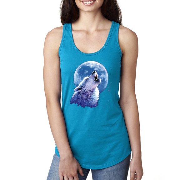 Wolf Howling at the Moon | Womens Animal Lover Jersey Racerback Tank Top, Turquoise, Small