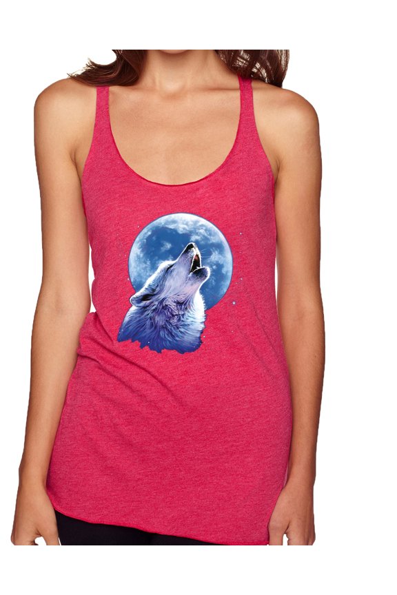 Wolf Howling at the Moon | Womens Animal Lover Premium Tri-Blend Racerback Tank Top, Shocking Pink, Medium