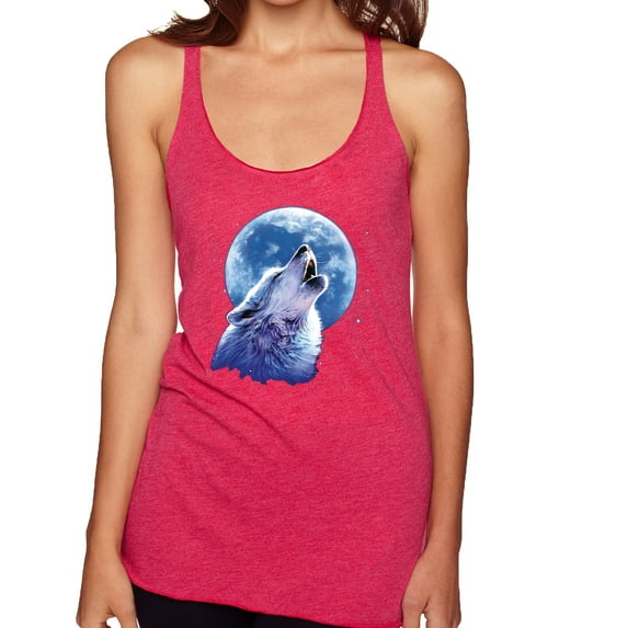 Wolf Howling at the Moon | Womens Animal Lover Premium Tri-Blend Racerback Tank Top, Shocking Pink, X-Large