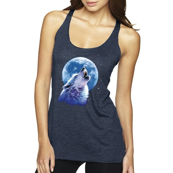 Wolf Howling at the Moon | Womens Animal Lover Premium Tri-Blend Racerback Tank Top, Vintage Navy, Medium