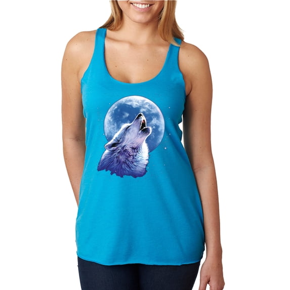 Wolf Howling at the Moon | Womens Animal Lover Premium Tri-Blend Racerback Tank Top, Vintage Turquoise, X-Large