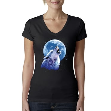 Wolf Howling at the Moon | Womens Animal Lover Slim Fit Junior V-Neck Tee, Black, Medium