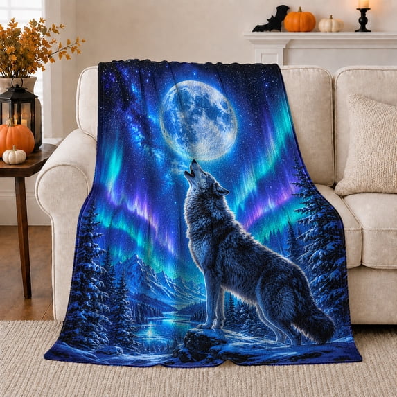Wolf Howling beneath Full Moon and Aurora, Magical Rustic Style for Wildlife Lovers, Northern Forest Scene and Christmas Gift, Warm Flannel Blanket for Cabin and Lodge, Home Decor