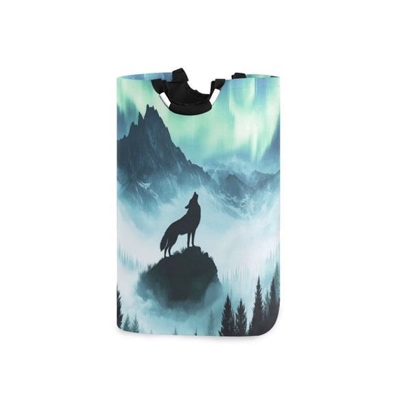 Wolf Howling on Mountain Top Aurora Trees Laundry Basket with Handles Foldable Laundry Hamper Freestanding Washing Bin 50L
