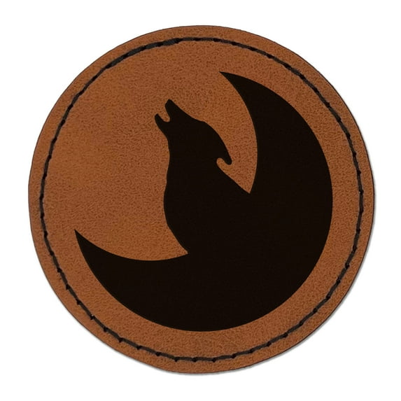 Wolf Howling with Moon 2.5" Faux Leather Round Engraved Iron-On Patch - Brown