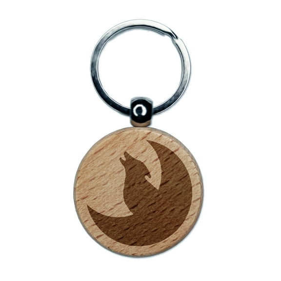 Wolf Howling with Moon Round Keychain Charm Tag - Engraved Wood