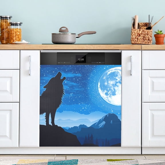 Wolf Howls at Moon Starry Night Dishwasher Magnet Refrigerator Magnetic Cover Washing Machine Magnet Sticker Kitchen Decor