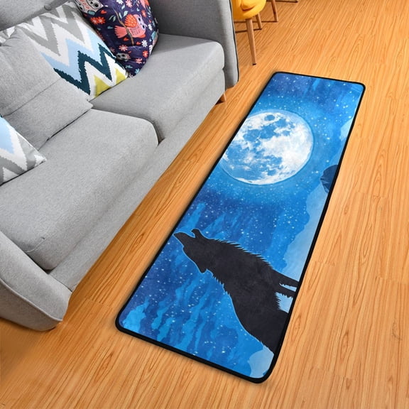 Wolf Howls at Moon Starry Night Long Floor Mat Runner Rug Area Mat Noise Reduction Water Absorbent Non-Slip 72" x 24"