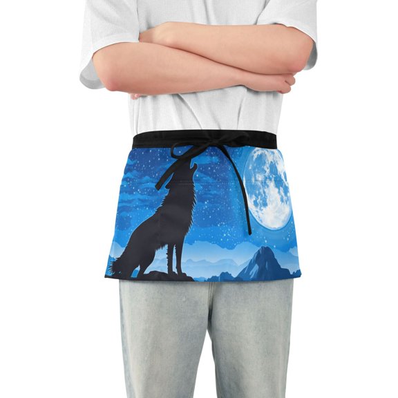 Wolf Howls at Moon Starry Night Short Server Apron with 3 Pockets for Unisex Chef Gardening