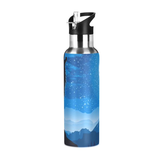 Wolf Howls at Moon Starry Night Sports Bottle with Straw Stainless Steel Water Jug Portable Thermal Cup Leak-proof 600ML