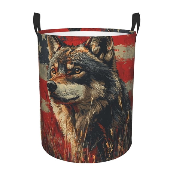 Wolf Hunting Retro USA Flag Foldable Laundry Hamper with Handle Storage Basket for Clothes Toys & Organizing