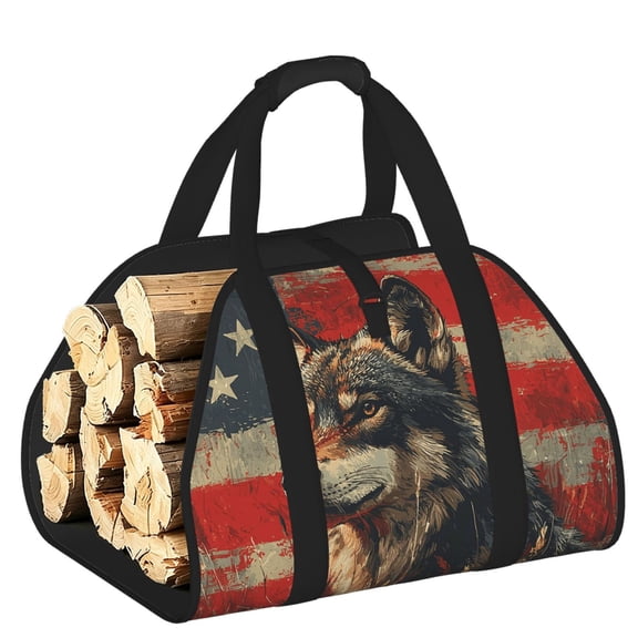 Wolf Hunting Retro USA Flag Heavy Duty Firewood Log Carrier Bag, Fireplace Wood Tote with Comfort Handles for Camping Home