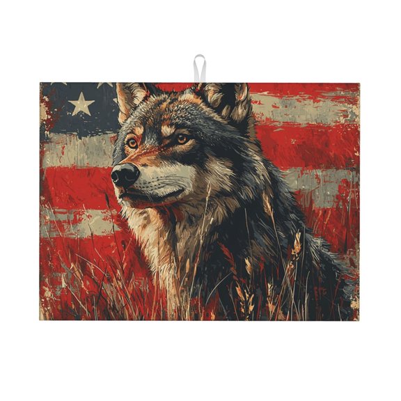 Wolf Hunting Retro USA Flag Large Kitchen Drying Mat 18x24 Inch Ultra Absorbent Dish Drying Mats Foldable Countertop Protector
