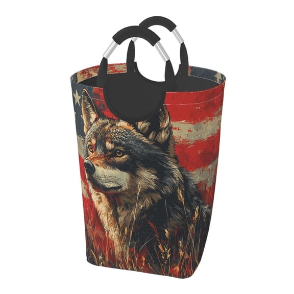 Wolf Hunting Retro USA Flag Laundry Bag with Handle - Foldable Dirty Clothes Hamper Collapsible Storage Bin
