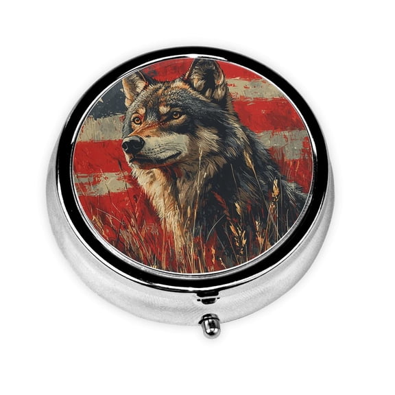 Wolf Hunting Retro USA Flag Mini Round Pill Box Portable Small Pill Case Organizer with 3 Compartments for Pocket Purse
