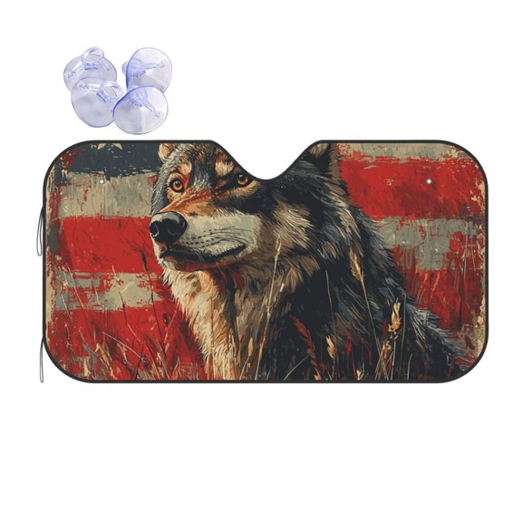 Wolf Hunting Retro USA Flag Reflective Car Windshield Sunshade, UV Ray Reflector Sun Visor Universal Fit for SUVs, Trucks, Sedans,S
