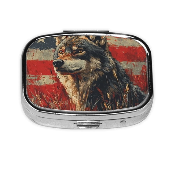 Wolf Hunting Retro USA Flag Square Pill Box 2 Compartment Pill Case Medicine Organizer Decorative Gift for Purse Pocket