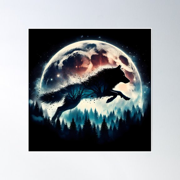 Wolf In A Nighttime Forest Art Poster Wall Art, Modern Wall Decor, 16x16 UNFRAMED