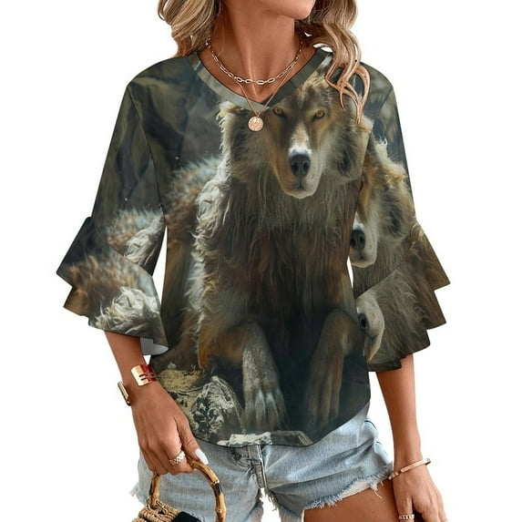Wolf In Cave Women's V-Neck Blouse With 3/4 Ruffled Bell Sleeves Casual Top Ladies Blouses