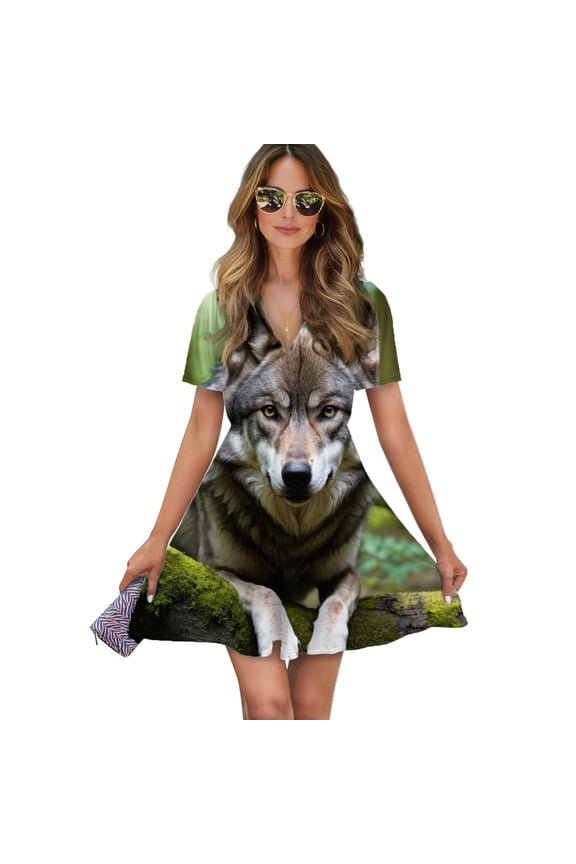 Wolf In Forest Women Dress V-Neck Short Sleeve Flowy Swing Party Midi Dress