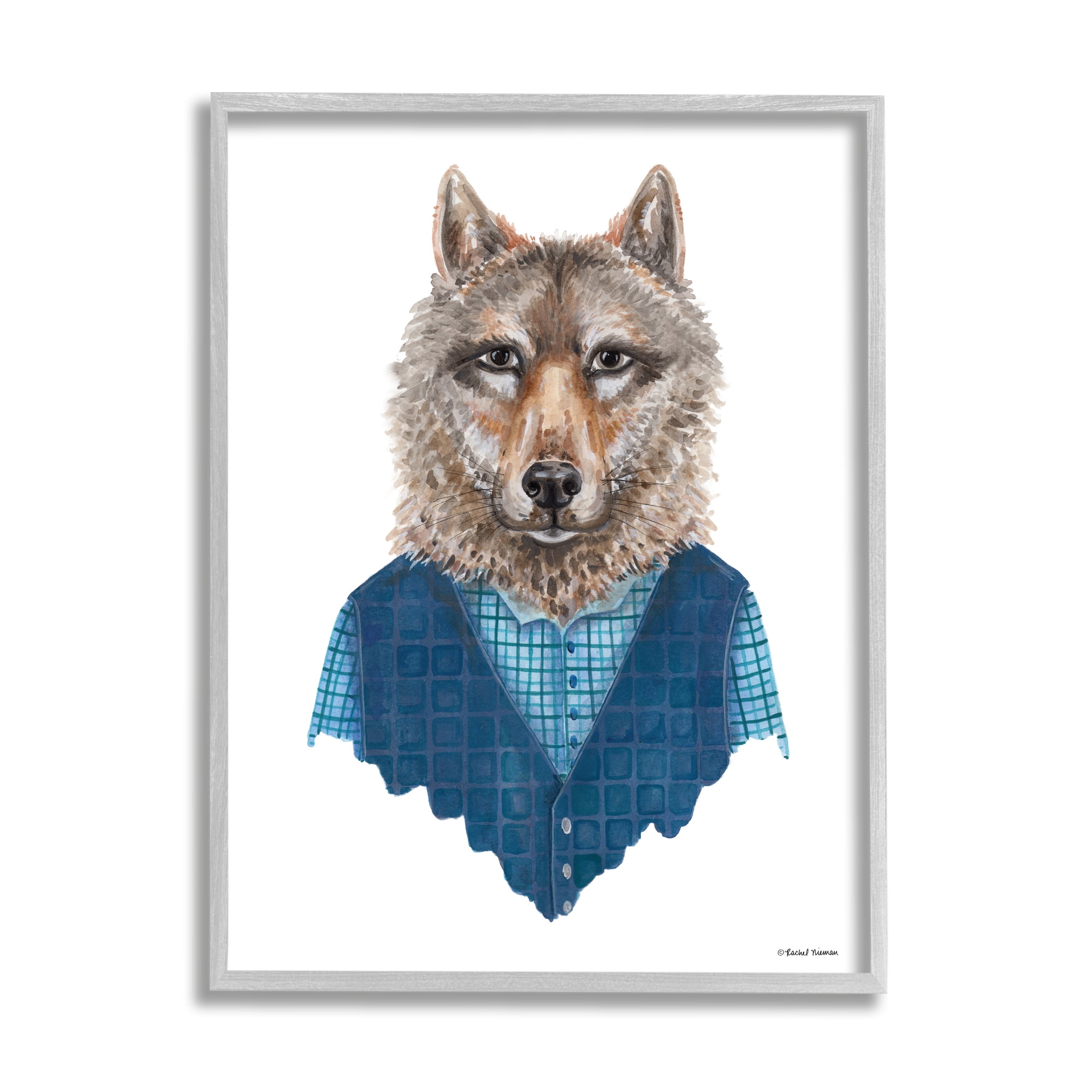 Wolf In Human Clothing Plaid Patterned Shirt Vest 16 in x 20 in Framed Painting Art Prints, by Stupell Home Décor