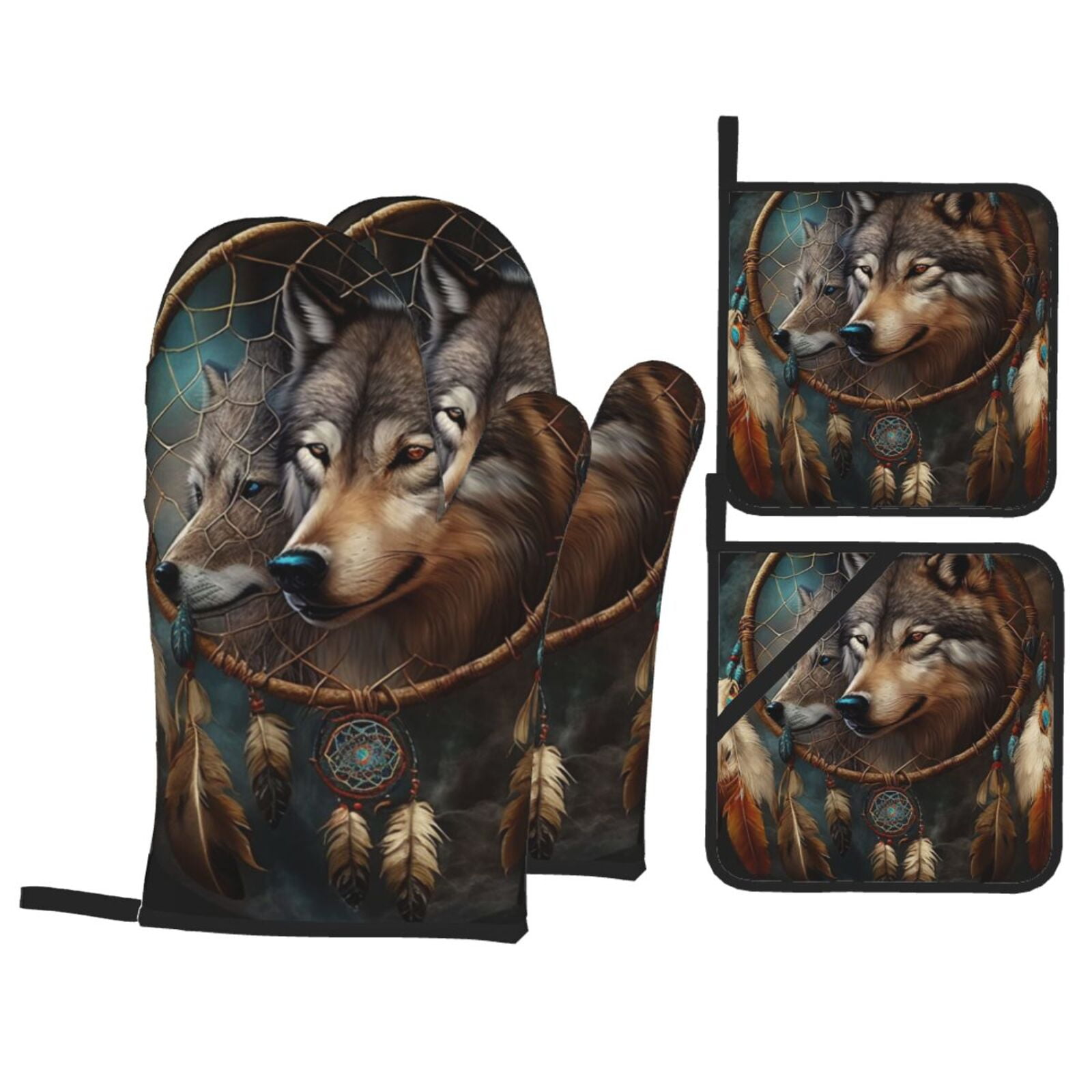 Wolf Indian Dream Feather 4Pcs Oven Mitts and Pot Holders Sets Oven Kitchen Gloves Hot Pads for Cooking BBQ Baking Grilling