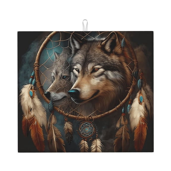 Wolf Indian Dream Feather Kitchen Drying Mat 18x16 Inch Ultra Absorbent Countertop Mat Foldable with Hanging Loop