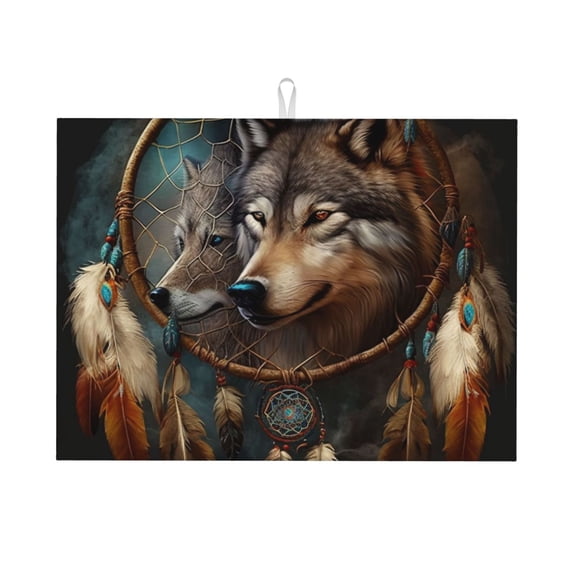 Wolf Indian Dream Feather Large Kitchen Drying Mat 18x24 Inch Ultra Absorbent Dish Drying Mats Foldable Countertop Protector