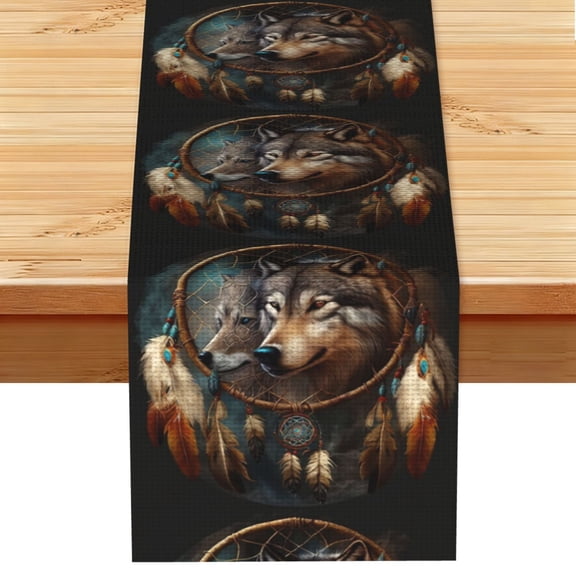 Wolf Indian Dream Feather Table Runner 13x72 Inch for Dining Table Kitchen Wedding Party Decor Fireplace Mantle