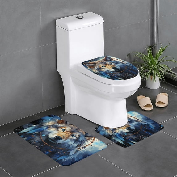 Wolf Indian Dream Starry 3-Piece Bathroom Rug Set Non-Slip Flannel Bath Mat 24"x16" U-Shaped Contour Mat Toilet Lid Cover