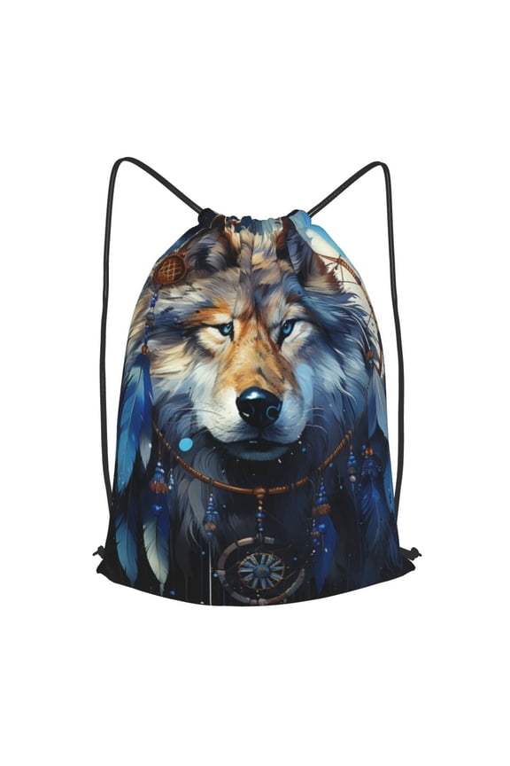 Wolf Indian Dream Starry Drawstring Backpack Gym String Bag Sports Sackpack Cinch Sack, Large