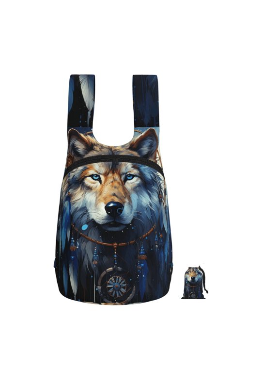 Wolf Indian Dream Starry Foldable Storage Backpack Lightweight Packable Travel Daypack for Shopping Commuting Hiking