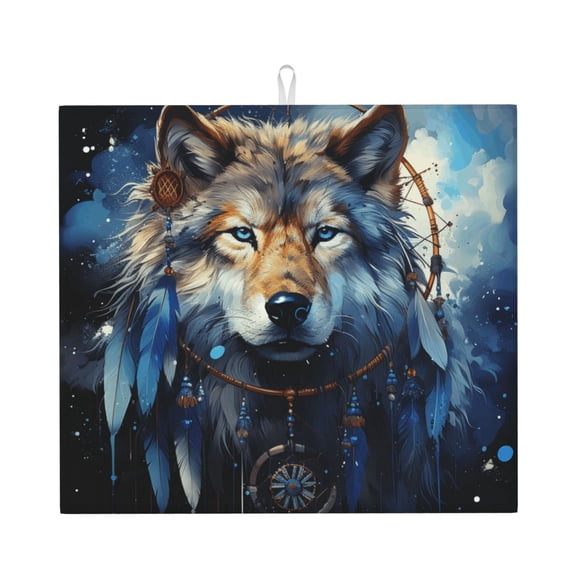 Wolf Indian Dream Starry Kitchen Drying Mat 18x16 Inch Ultra Absorbent Countertop Mat Foldable with Hanging Loop