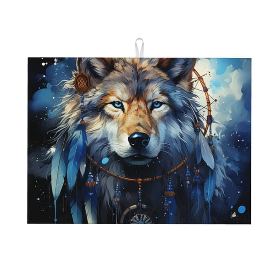 Wolf Indian Dream Starry Large Kitchen Drying Mat 18x24 Inch Ultra Absorbent Dish Drying Mats Foldable Countertop Protector
