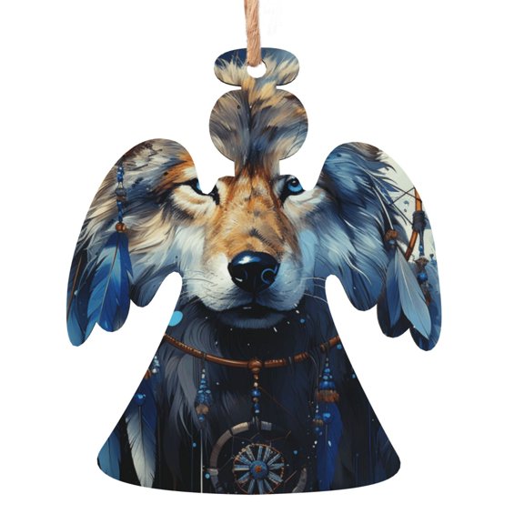 Wolf Indian Dream Starry Wooden Christmas Ornament Angel Shape,Xmas Tree Hanging Decoration 6 PCS