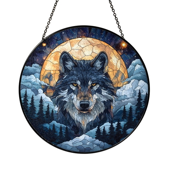Wolf Inspired Glass Window Panel with Night Forest Landscape, Fantasy Wildlife Light Catching Decor, Artistic Nature Glass Hanging for Home Window Display