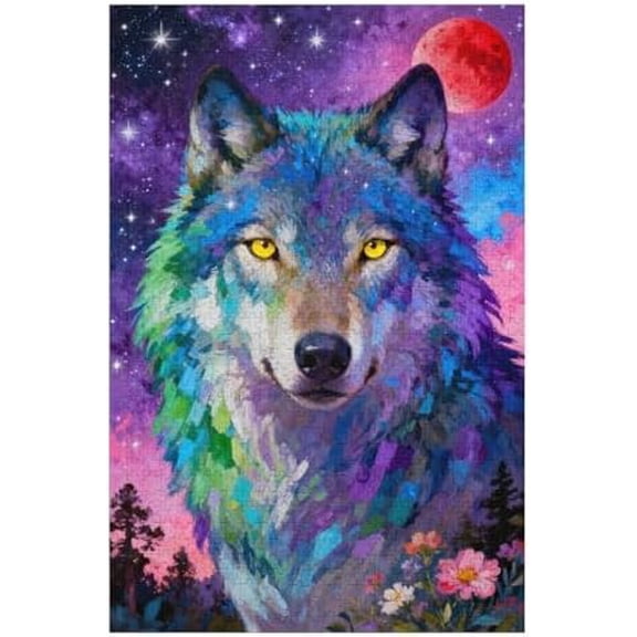 Wolf Jigsaw Puzzle 500 Pieces Puzzles for Adults,Colorful Forest Wolf with Night Sky Star Puzzles for Challenging Family Activity Games DIY Puzzle for Home Wall Decor -20.5x15 Inches