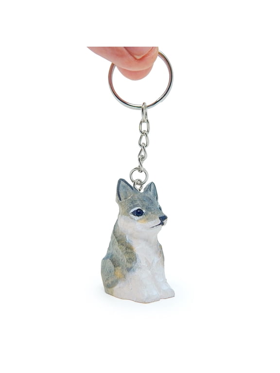 Wolf Keychain Ring Clip Charm Miniature Wood Mini Figurine Small Animal