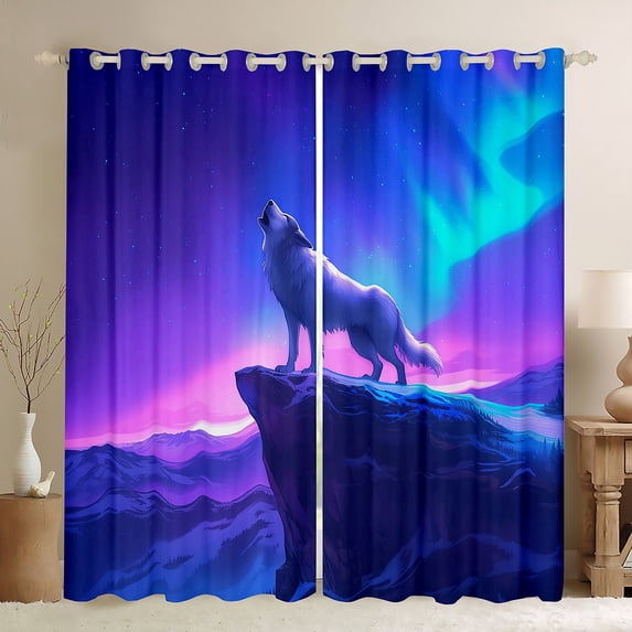 Wolf (42Wx90L) 2 Panels Curtains,Nebula Galaxy 30%-50% Blackout Curtains Western Wolves Curtains & Drapes Mountain Magical Animals Window Treatments,Purple Blue